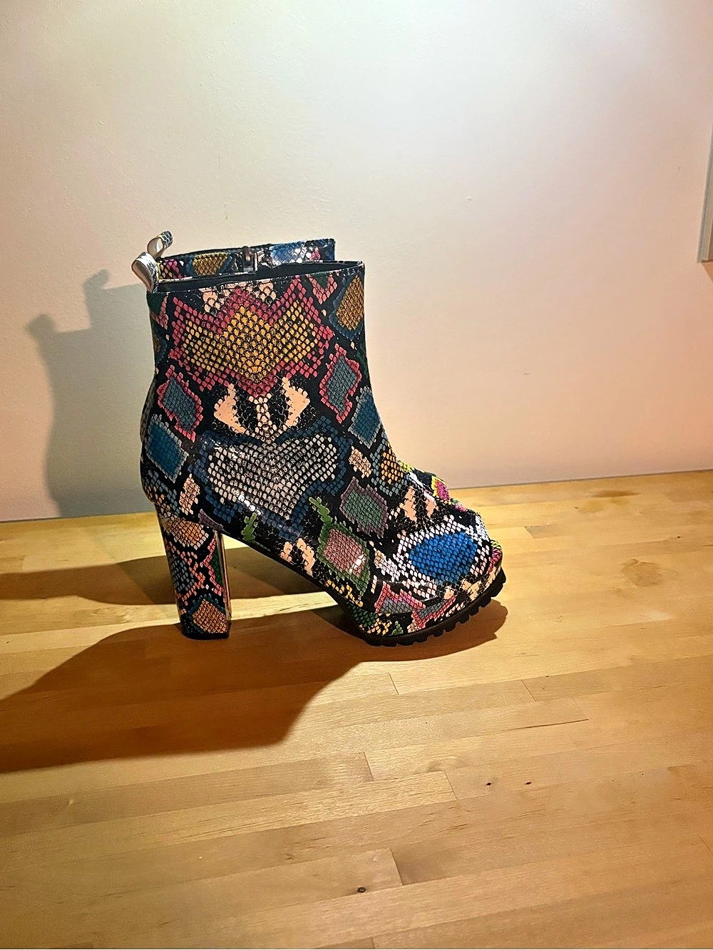 Geometric Platform Ankle Boots in Black & Multicolor LikeNew